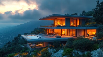 Modern Mountain House at Sunset