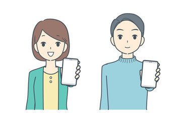 スマートフォンを前に突き出して見せる女性と男性