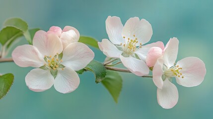 A delicate branch of apple blossoms with white and pink petals against a soft teal background
