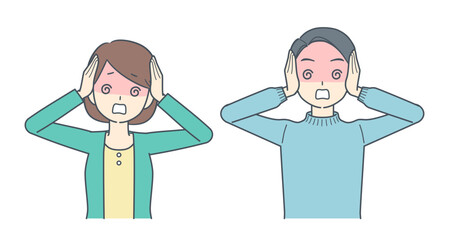 頭を抱えて混乱する男性と女性