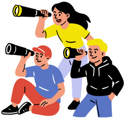 A colorful illustration of three people exploring or observing with telescopes.