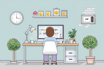 Pixel art of a CEO celebrating with coin icons and a 1-UP symbol above their desk