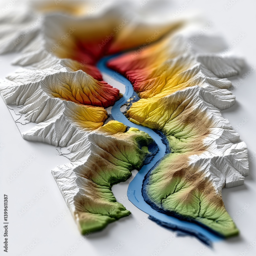 Aufkleber Abstract Topographic Map with River Valley and Color Gradient Elevation Depiction