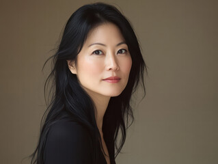 Fototapeta premium Woman Portrait: Elegant woman with long black hair, wearing a black top, looking directly at the camera with a calm expression. The background is a muted brown. 