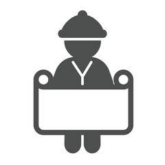 Architect with project paper solid icon, construction concept. Vector graphics. Man and project plan, worker sign on white background, glyph style icon for mobile or web design.