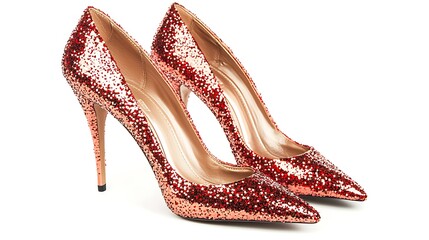 Two red high heels with glittery designs