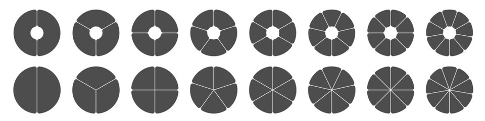 Pie chart icon collection. Trendy infographic design with black circle diagram. Pizza or flower round cycle