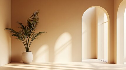 Plant in white pot with archways and light creating shadows on the wall in a neutral room