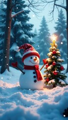 Obraz premium Snowman Christmas tree amidst winter forest with snowflakes gently falling from sky, gentle snowfall, frosty trees