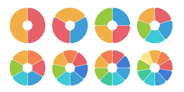 Pie chart icon collection. Trendy infographic design with colorful circle diagram. Pizza or flower round cycle set