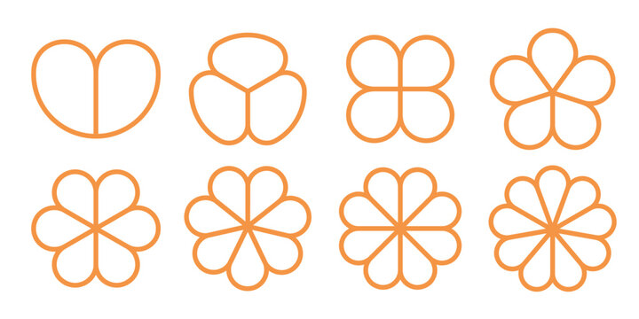 Flower cycle shapes set. Outline circular floral diagram with petals. Infographics template with two to nine options or steps. Business data chart