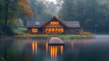 Fototapeta premium Misty Morning Cabin on Lakeside Dock