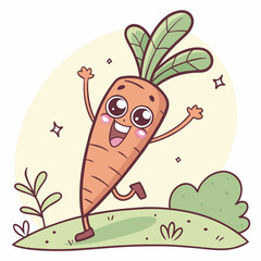 Funny Carrot Cartoon Character Excited Carrot Character with Raised Arms, Big Smile, and Sparkly Eyes – Cute Vector Illustration