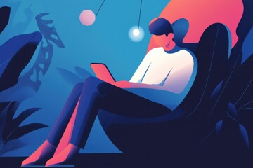 Person sits tense at the edge of a seat, fixated on phone notifications amidst a cool-toned ambiance