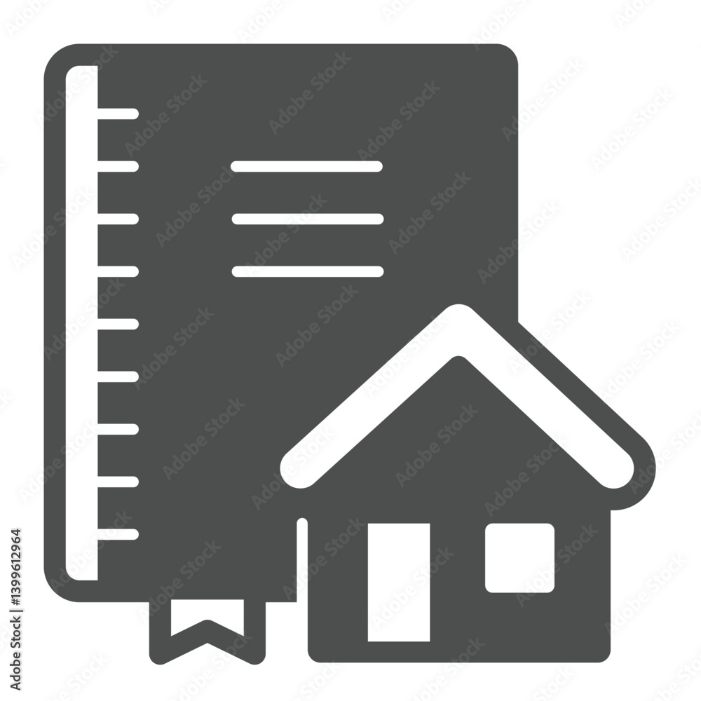 Poster architect notebook and house solid icon, architect studio concept. vector graphics. notepad with cot