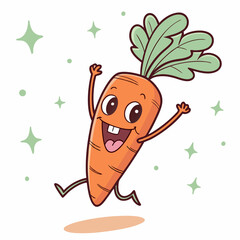 Funny Carrot Cartoon Character Excited Carrot Character with Raised Arms, Big Smile, and Sparkly Eyes – Cute Vector Illustration