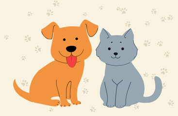 simple and playful illustration of a cartoon orange dog and gray cat on a cream-colored background with scattered paw prints.