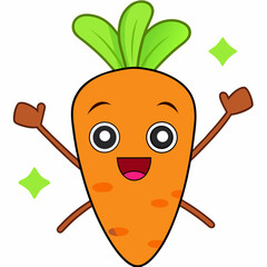 Funny Carrot Cartoon Character Excited Carrot Character with Raised Arms, Big Smile, and Sparkly Eyes – Cute Vector Illustration