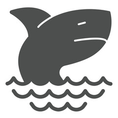 Shark in sea waves solid icon, marine wild life concept. Vector graphics. Predator animal, danger sign on white background, glyph style icon for mobile or web design.