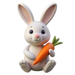 Cute white rabbit with a carrot in its paws. 3d bunny icon.