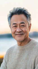 Obraz premium A Serene Smile of an Older Man: A portrait of an older man with a warm, gentle smile, his eyes reflecting a lifetime of experiences, conveying wisdom and contentment.