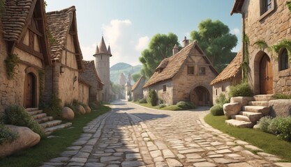 Naklejka premium Aged stone paths lead the eye through medieval settings, enriching visuals with depth, texture, and a sense of lived history.