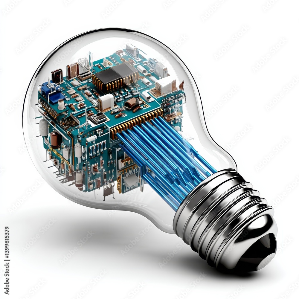 Poster innovative technology: light bulb with embedded circuit board and blue data cables, modern digital i