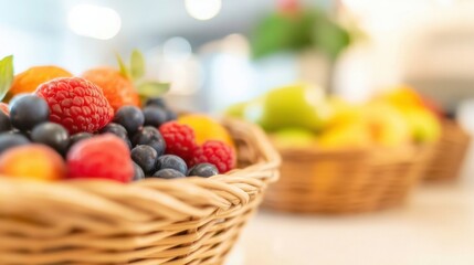 Colorful fruit is arranged in wicker baskets, showcasing a vibrant assortment in a sunny kitchen environment