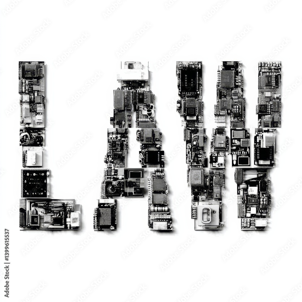 Poster law spelled out with circuits and chips in monochrome: high-tech typography concept