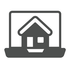 Laptop screen with house solid icon, remote work concept. Vector graphics. Cottage building laptop computer, online sign on white background, glyph style icon for mobile or web design.