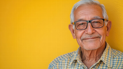 Serene Senior Portrait: A distinguished elderly individual, with a gentle smile, wearing spectacles, leans against a sunny, bright yellow backdrop, exuding an aura of wisdom and approachability.