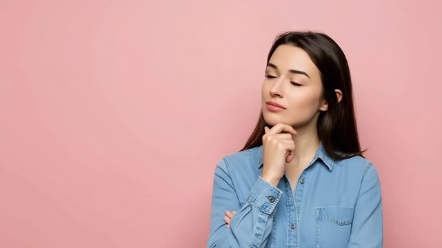 Thoughtful Young Woman in Denim Shirt Against Pink Background