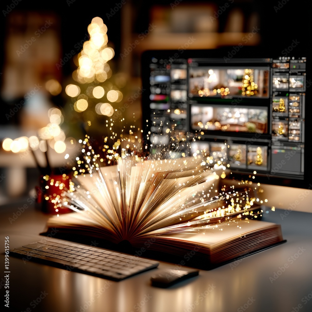 Poster open book illuminating the digital world: a convergence of knowledge and modern technology on a fest