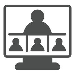 Monitor with user video conference solid icon, remote work concept. Vector graphics. Display with online team, videocall sign on white background, glyph style icon for mobile or web design.