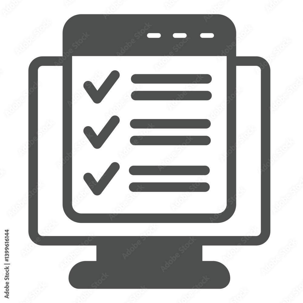 Poster monitor screen with checklist window solid icon, remote work concept. vector graphics. display and t