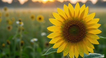 Obraz premium Golden Sunrise Sunflower Field: A Breathtaking Morning Bloom