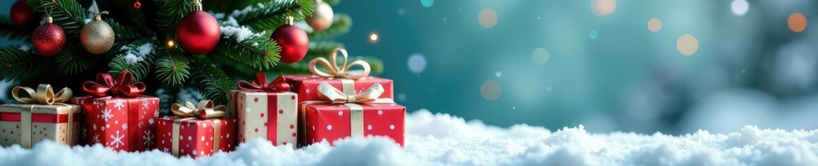 Snowy evergreen tree with colorful ornaments and presents, Present Wrapping, Winter Decor, Gift Boxes