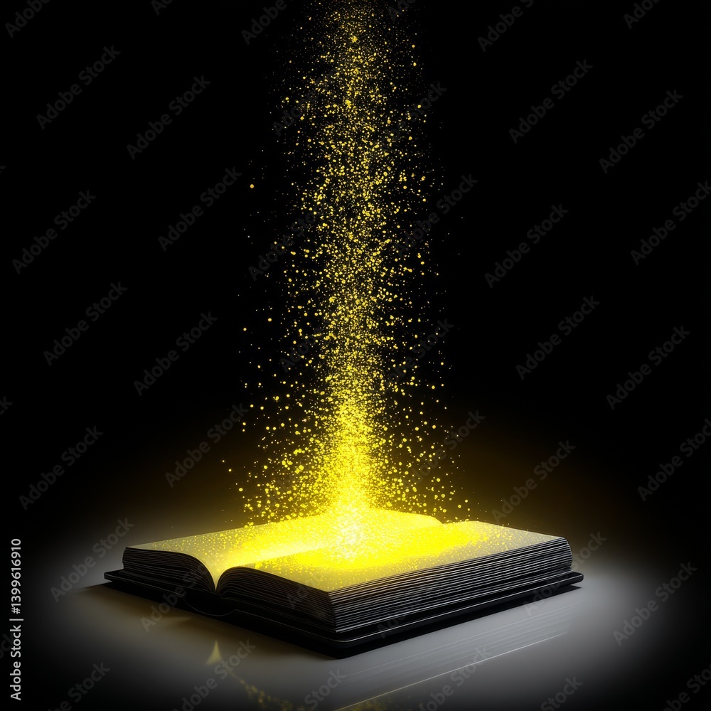 Poster unlocking ancient knowledge: a magical book emitting a cascade of golden light and sparkling energy 