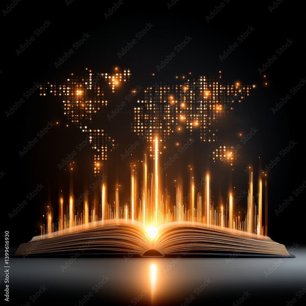 Poster unlocking global knowledge: an open book glows with the light of a digital world map, illuminating t