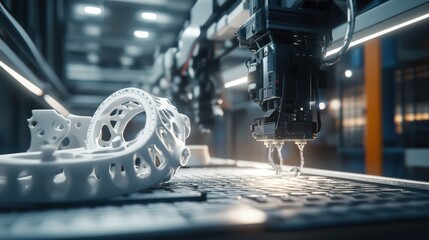 A detailed factory of the future where robotic precision and 3D printing converge to create high performance mechanical parts ultra