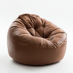 Close up of a brown leather beanbag chair isolated on white background