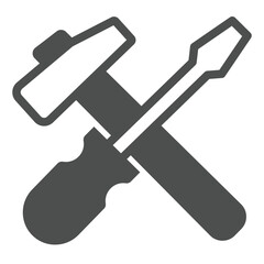 Screwdriver and hammer solid icon, repair service concept. Vector graphics. Crossed tools, repair sign on white background, glyph style icon for mobile or web design.