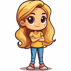 Cute little girl with long blond hair. Cartoon vector illustration