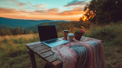 Laptop and Coffee on Wooden Table in Outdoor Relaxing Setting 