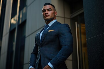 A muscular man in a sharp navy suit stands confidently outside a modern building.