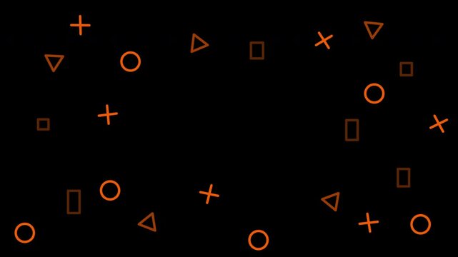 Scattered orange geometric shapes circles squares triangles crosses on a black background