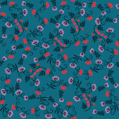 Elegant pattern of small flowers, buds and berries on emerald green background in vector. Folklore fairy tale motifs. Seamless floral print for fabric.