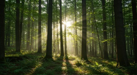 Fototapeta premium Sunbeams Illuminate Mystical Forest Path: A Tranquil Dawn in Lush Green Woods