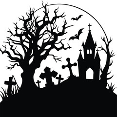 Graveyard Scene Silhouette Vector | Haunted Cemetery Design for Dark Themes