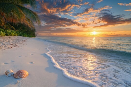 Tropical beach at sunrise with seashells - Powered by Adobe